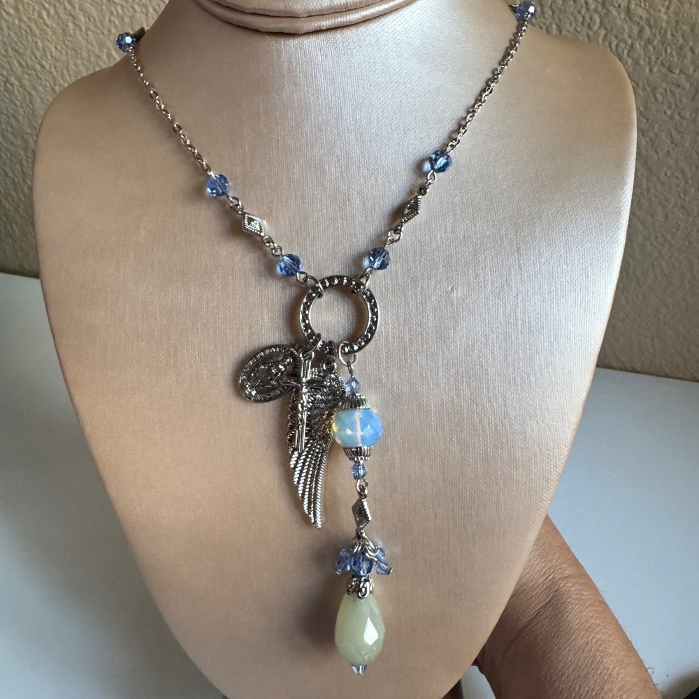 Silver Tone Angel Wing Cross Miraculous Medal Necklace Blue Crystal Opalite 22"
